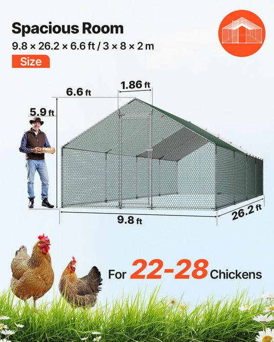 Metal Chicken Coop, 9.8x26.2x6.5 ft Large Walk-in Chicken Runs with Cover, Spire Roof Hen House Enclosure with Security Lock, Outdoor Duck Rabbit Cage Poultry Pen for Backyard, Farm, Yard