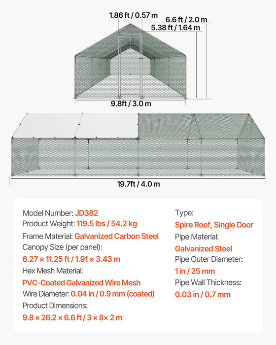 Metal Chicken Coop, 9.8x26.2x6.5 ft Large Walk-in Chicken Runs with Cover, Spire Roof Hen House Enclosure with Security Lock, Outdoor Duck Rabbit Cage Poultry Pen for Backyard, Farm, Yard