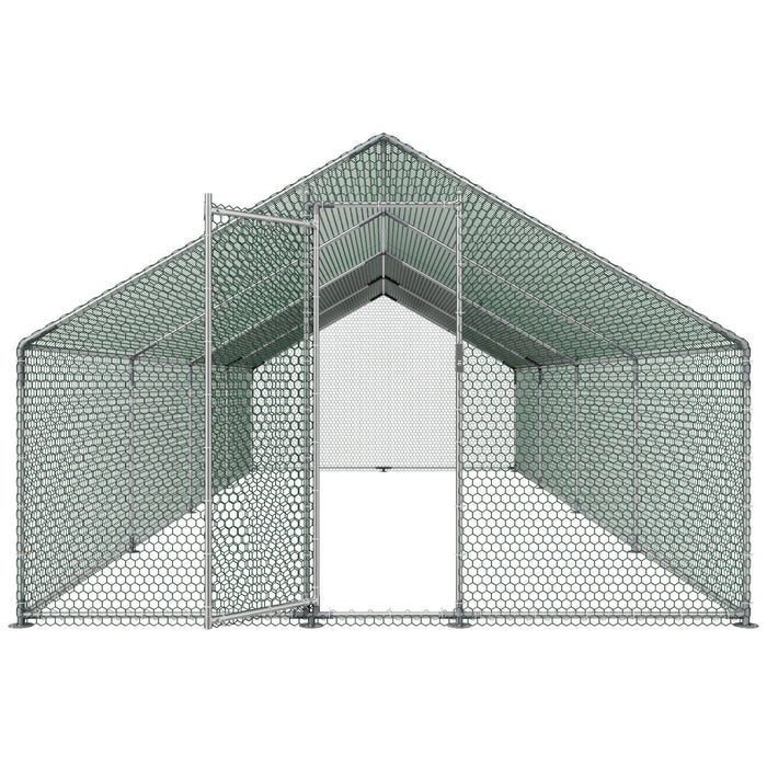 Metal Chicken Coop, 9.8x26.2x6.5 ft Large Walk-in Chicken Runs with Cover, Spire Roof Hen House Enclosure with Security Lock, Outdoor Duck Rabbit Cage Poultry Pen for Backyard, Farm, Yard