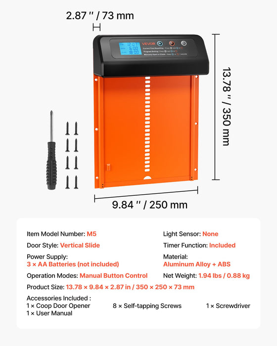 VEVOR Automatic Chicken Coop Door, Battery Powered Chicken Coop Door with Timer & Manual Setting, Anti-Pinch Security, Durable Aluminum Alloy, Chick Run Gate Opener with Waterproof Sealing, Orange