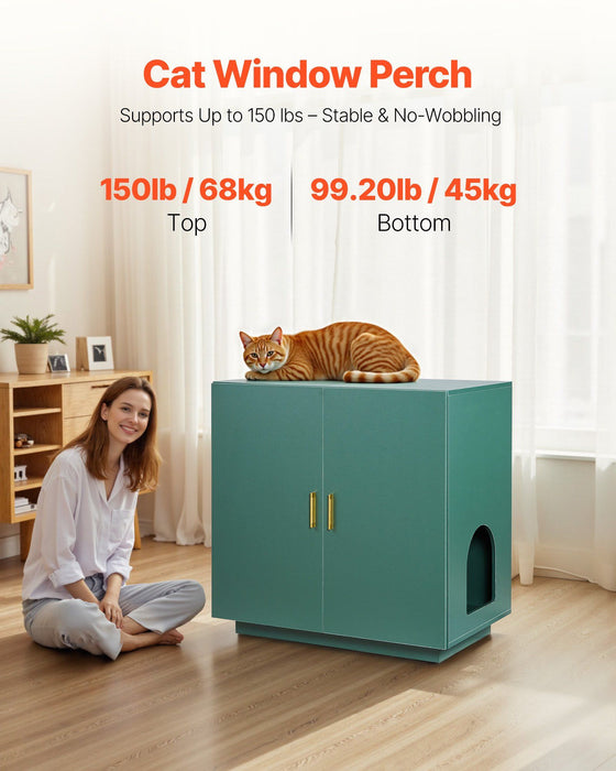 Cat Litter Box Enclosure, 80 cm Hidden Litter Box Cabinet, Wooden Indoor Cat Washroom with Ventilated Holes, Double-Door Kitty Pet House Furniture, End Side Table Fit Most Litterboxes