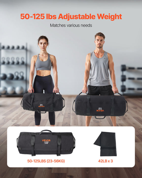 VEVOR Workout Sandbag, Heavy Duty Workout Power Bags with Handles, 23-56 kg Adjustable Slam Bag for Fitness Strength Weight Training Cross-Training, Home Gym Exercise, Black (Unfilled)