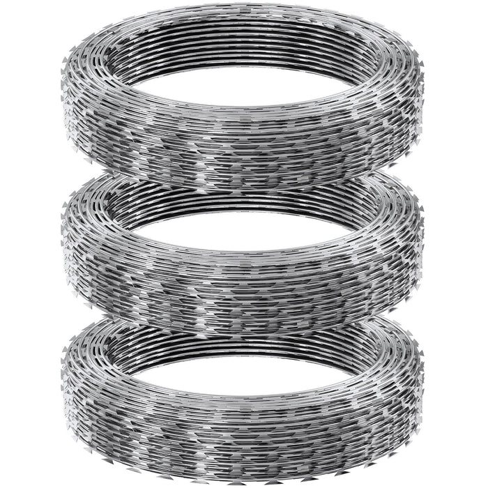 VEVOR Razor Wire Razor Barbed Wire 147ft 3Rolls Razor Wire Fencing Double Spiral