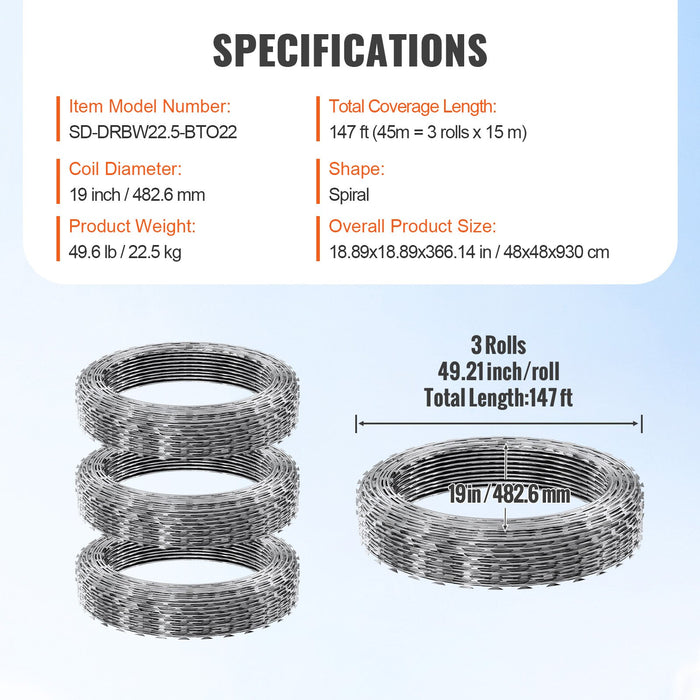 VEVOR Razor Wire Razor Barbed Wire 147ft 3Rolls Razor Wire Fencing Double Spiral