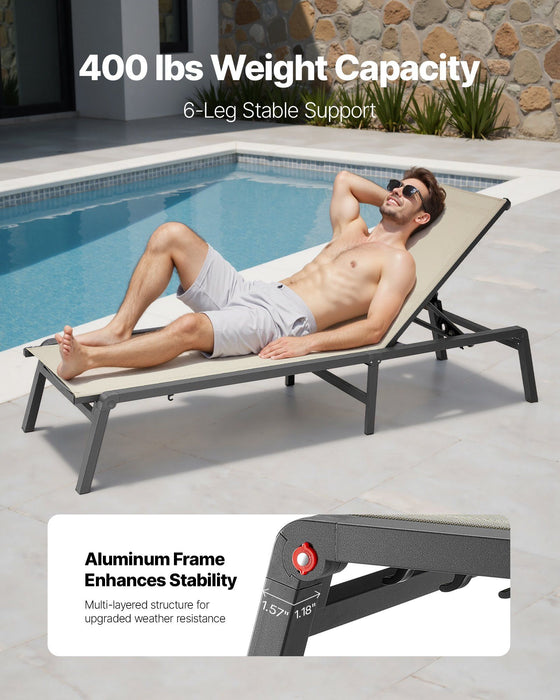 Outdoor Chaise Lounge Chair, 181 kg Weight Capacity, Foldable Sun Tanning Chair, 5 Adjustable Positions, Easy Assembly, Heavy Duty Aluminum Pool Recliner Lounge Chairs, for Beach Yard Patio