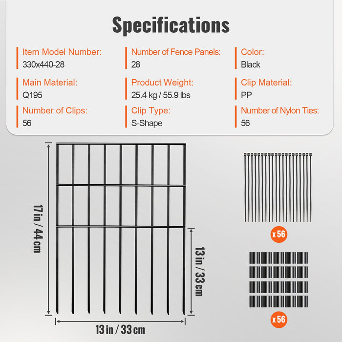 VEVOR Garden Fence, No Dig Fence 44(H)x33(L)cm Animal Barrier Fence, Underground Decorative Garden Fencing with 3.81 cm Spike Spacing, Metal Dog Fence for the Yard and Outdoor Patio, 28 Pack