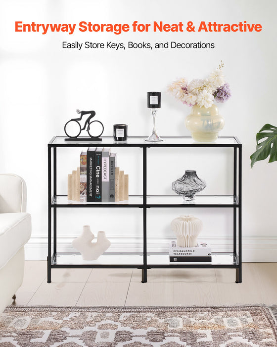 VEVOR 3-Tier Glass Console Table, Modern Rectangle Sofa Side Table with Tempered Glass Top and Iron Legs, Golden Consloe Desk with Anti-Tip Device for Living Room, Hallway, Entryway, Foyer, Black