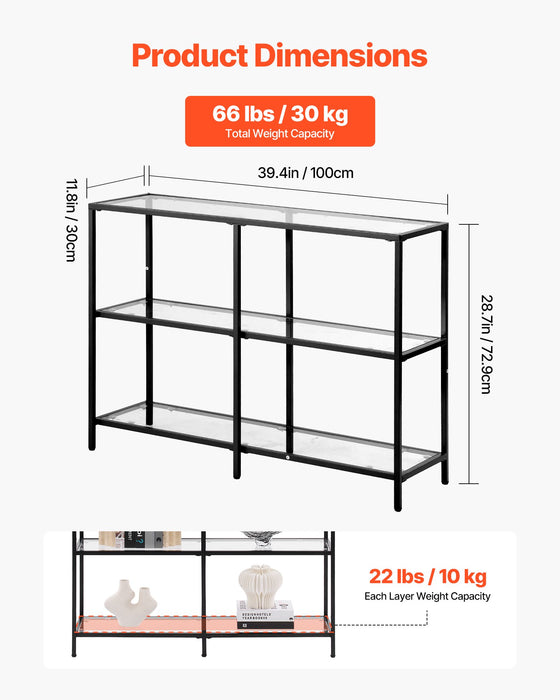 VEVOR 3-Tier Glass Console Table, Modern Rectangle Sofa Side Table with Tempered Glass Top and Iron Legs, Golden Consloe Desk with Anti-Tip Device for Living Room, Hallway, Entryway, Foyer, Black