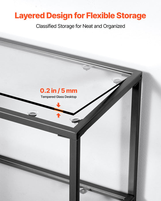 VEVOR 3-Tier Glass Console Table, Modern Rectangle Sofa Side Table with Tempered Glass Top and Iron Legs, Golden Consloe Desk with Anti-Tip Device for Living Room, Hallway, Entryway, Foyer, Black