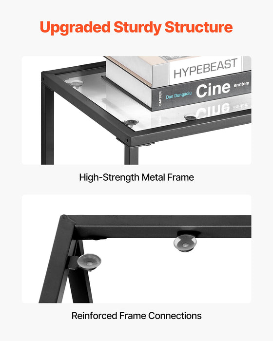 VEVOR 3-Tier Glass Console Table, Modern Rectangle Sofa Side Table with Tempered Glass Top and Iron Legs, Golden Consloe Desk with Anti-Tip Device for Living Room, Hallway, Entryway, Foyer, Black
