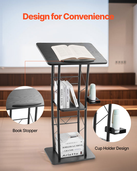 VEVOR Podium Stand, 1180 mm Metal Lectern, Curved Standing Podium  with Wide Reading Surface, Open Storage Compartment, Book Stopper, Cup Holder, for Classroom, Wedding, Conference, Speech, Concert