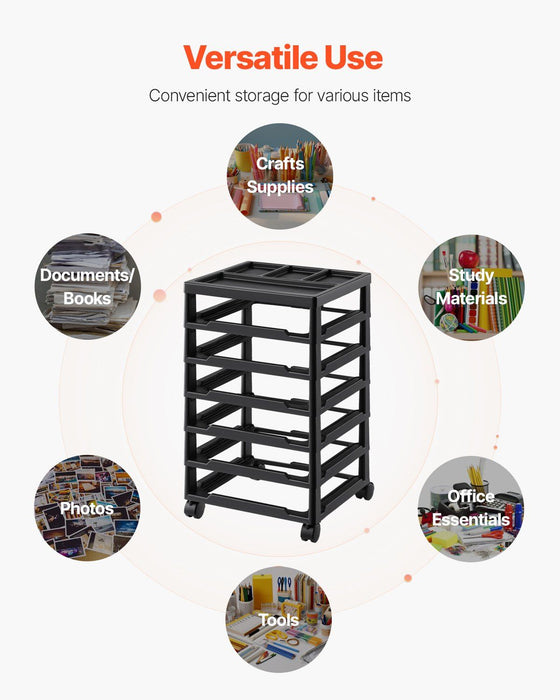 Scrapbook Rolling Storage Cart, 6-Tier Large Capacity with Organizer Top, Black Frame with 4 Removable Wheels, PP Material Cart Only, Rolling Craft Storage for Office Arts and Crafts Supplies