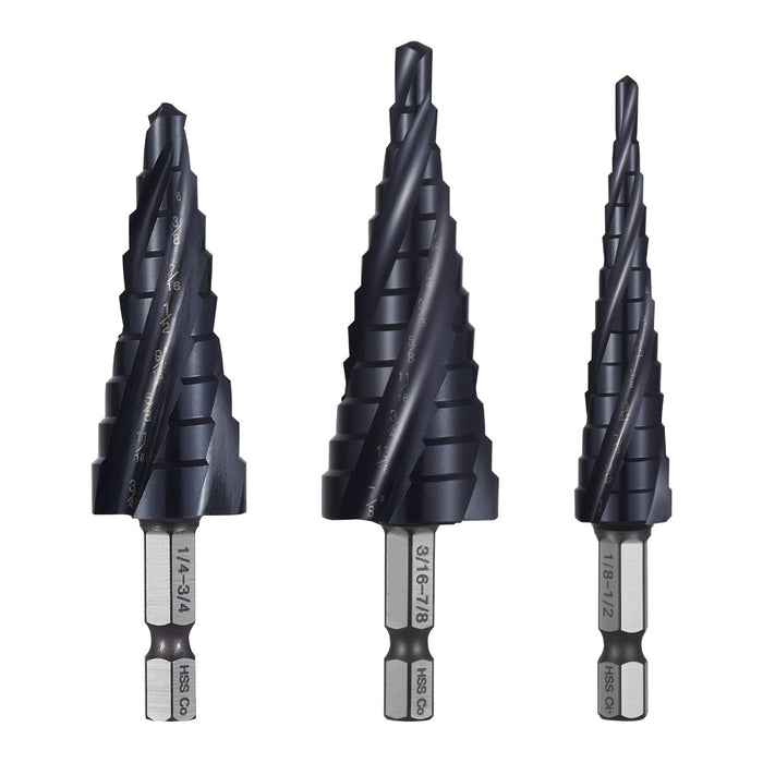 VEVOR Step Drill Bit Set, 3.2 - 22.2 mm, 3 Pieces Step Drill Bits, 6.35 mm Hex Shank, TiAlN Coating Cobalt HSS High Speed Steel, for Metal, Stainless Steel, Aluminum, Wood, Plastic, Fiberglass