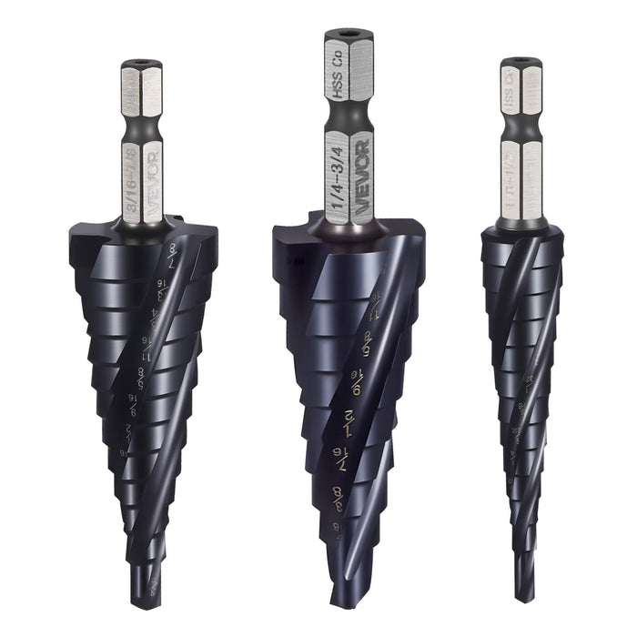 VEVOR Step Drill Bit Set, 3.2 - 22.2 mm, 3 Pieces Step Drill Bits, 6.35 mm Hex Shank, TiAlN Coating Cobalt HSS High Speed Steel, for Metal, Stainless Steel, Aluminum, Wood, Plastic, Fiberglass