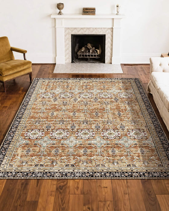 Area Rug, 2438.4 x 3048 mm Large Washable Rug, Non-Slip & Tear-Resistant Soft Carpet, Pet & Child Friendly Vintage Area Rugs, Indoor Mat for Bedroom, Living Room, Kids Room, Office, Brown Green