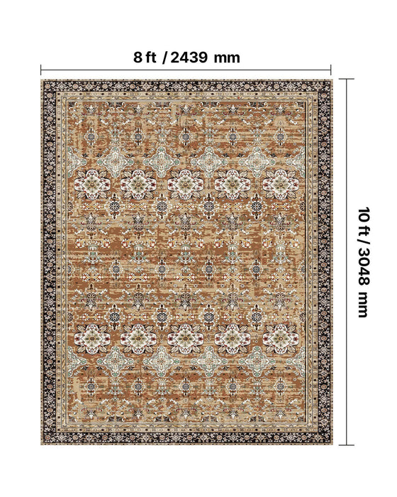 Area Rug, 2438.4 x 3048 mm Large Washable Rug, Non-Slip & Tear-Resistant Soft Carpet, Pet & Child Friendly Vintage Area Rugs, Indoor Mat for Bedroom, Living Room, Kids Room, Office, Brown Green