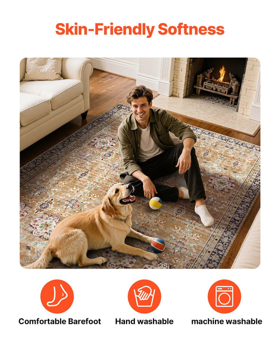 Area Rug, 2438.4 x 3048 mm Large Washable Rug, Non-Slip & Tear-Resistant Soft Carpet, Pet & Child Friendly Vintage Area Rugs, Indoor Mat for Bedroom, Living Room, Kids Room, Office, Brown Green