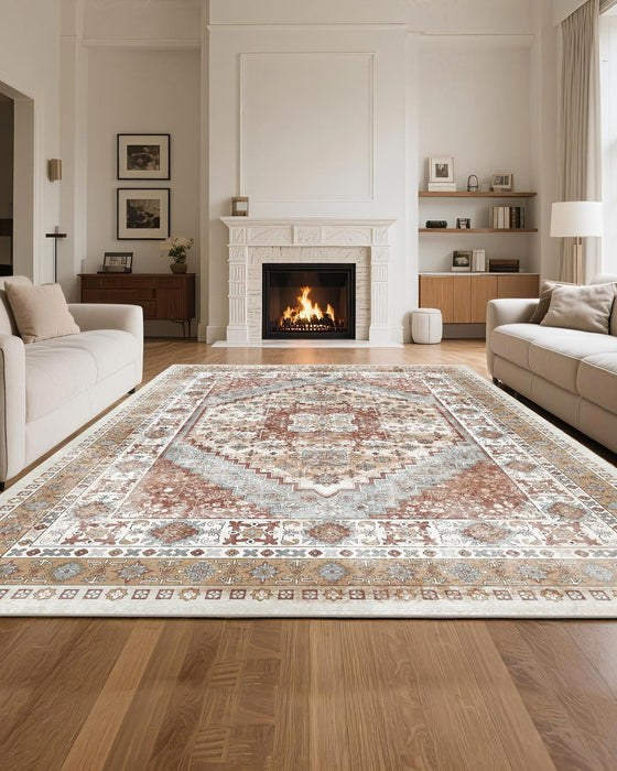 Area Rug, 2438.4 x 3048 mm Large Washable Rug, Non-Slip and Tear-Resistant Soft Carpet, Pet & Child Friendly Vintage Area Rugs, Indoor Mat for Bedroom, Living Room, Kids Room, Office, Brown Red