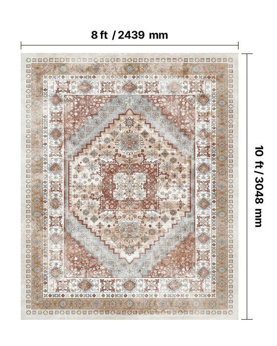 Area Rug, 2438.4 x 3048 mm Large Washable Rug, Non-Slip and Tear-Resistant Soft Carpet, Pet & Child Friendly Vintage Area Rugs, Indoor Mat for Bedroom, Living Room, Kids Room, Office, Brown Red