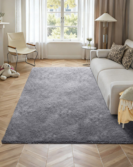 Indoor Plush Area Rugs, 2.44 x 3.05m Soft Plush Carpet, Furry Shag Area Rugs for Living Room, Bedroom, Sunroom, Modern Home Decor Aesthetic, Non-Shedding, Non-Woven, Slip-Resistant, Smoke Gray