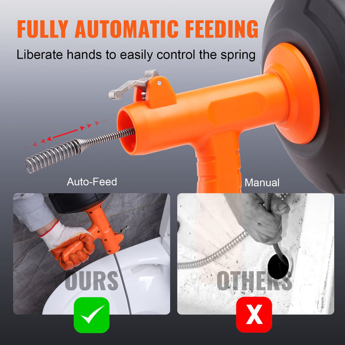 VEVOR Drain Auger 25ft 1/4in Drum Plumbing Drain Snake Clog Remover Autofeed