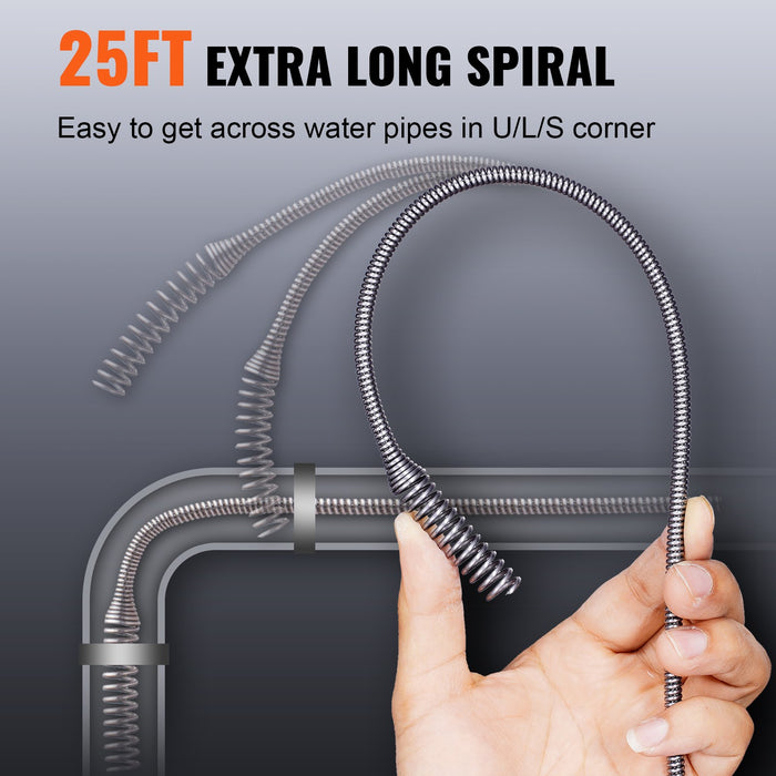 VEVOR Drain Auger 25ft 1/4in Drum Plumbing Drain Snake Clog Remover Manual-feed
