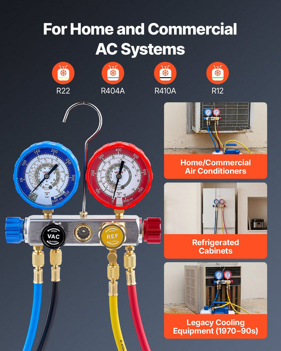 AC Manifold Gauge Set for R22 R404A R410A R12 Refrigerants, 4 Way AC Gauges with 1.5 m Hoses for Automotive & Household Air Conditioning Maintenance, Evacuation Vacuuming Charging and Recovery