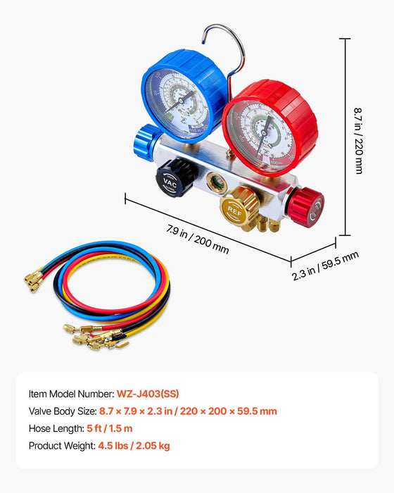 AC Manifold Gauge Set for R22 R404A R410A R12 Refrigerants, 4 Way AC Gauges with 1.5 m Hoses for Automotive & Household Air Conditioning Maintenance, Evacuation Vacuuming Charging and Recovery