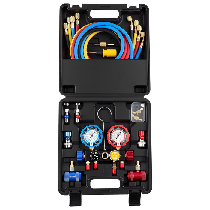 AC Manifold Gauge Set for R134a R404A R1234yf R22 Refrigerant, 4 Way AC Gauge with 1.5m Hoses, Adapters, Quick Couplers, Can Taps for Automotive Air Conditioning Maintenance, Charging Evacuation