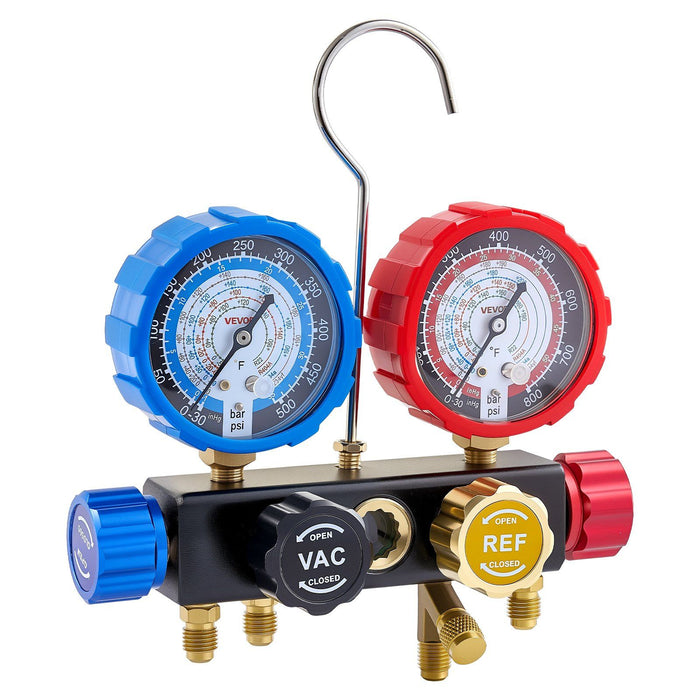 AC Manifold Gauge Set for R134a R404A R1234yf R22 Refrigerant, 4 Way AC Gauge with 1.5m Hoses, Adapters, Quick Couplers, Can Taps for Automotive Air Conditioning Maintenance, Charging Evacuation