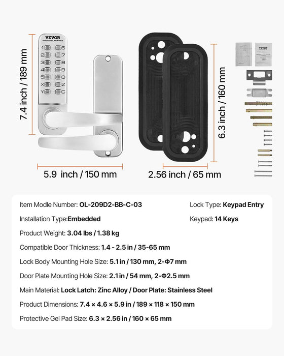 Mechanical Keyless Entry Door Lock, 14 Key Mechanical Door Lock, Mechanical Keypad Door Lock with Handle, Stainless Steel Waterproof Keyless Gate Lock, for Home Office Outdoor Fence Garage Yard