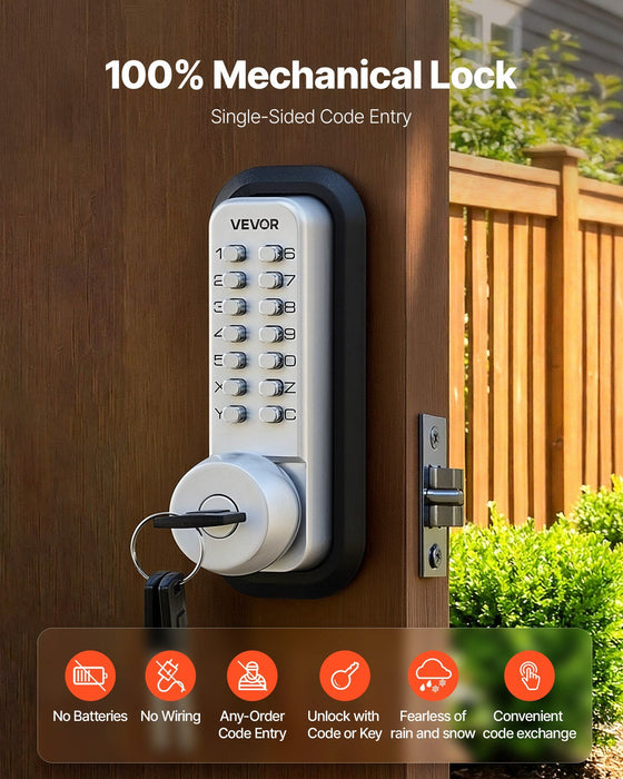 Mechanical Keyless Entry Door Lock, 2.0 Code Upgrade, 4-7 Digits Code, Single-Sided Push Button Combination Mechanical Keypad Door Knob, Auto Locking, for Garden Gates, Indoor or Outdoor, Silver