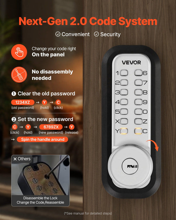 Mechanical Keyless Entry Door Lock, 2.0 Code Upgrade, 4-7 Digits Code, Single-Sided Push Button Combination Mechanical Keypad Door Knob, Auto Locking, for Garden Gates, Indoor or Outdoor, Silver