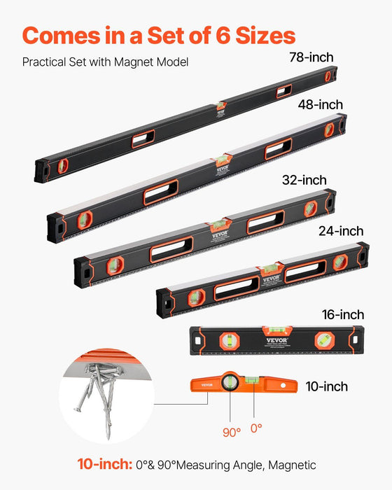 6-Piece Torpedo Level, 2000/1200/800/600/400/250 mm Box Levels Set, Bubble Vials Ruler for 45/90/180 Degree, Shock-Proof Aluminum Alloy Magnetic Leveler Tool, SAE/Metric Scale(250-mm has magnet)