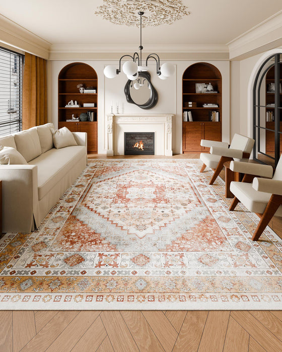 Area Rug, 2743.2 x 3658 mm Large Washable Rug, Non-Slip and Tear-Resistant Soft Carpet, Pet & Child Friendly Vintage Area Rugs, Indoor Mat for Bedroom, Living Room, Kids Room, Office, Brown Red