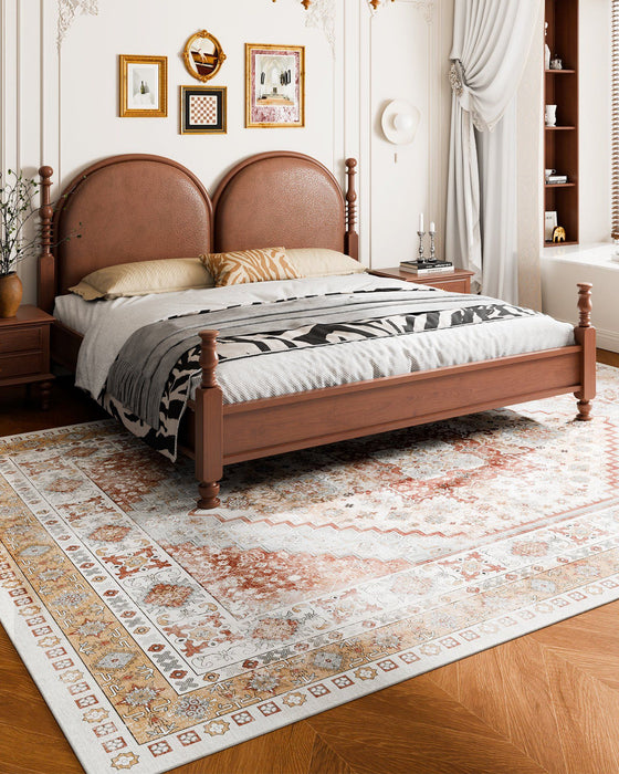 Area Rug, 2743.2 x 3658 mm Large Washable Rug, Non-Slip and Tear-Resistant Soft Carpet, Pet & Child Friendly Vintage Area Rugs, Indoor Mat for Bedroom, Living Room, Kids Room, Office, Brown Red