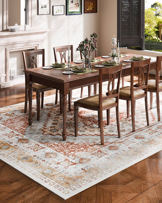 Area Rug, 2743.2 x 3658 mm Large Washable Rug, Non-Slip and Tear-Resistant Soft Carpet, Pet & Child Friendly Vintage Area Rugs, Indoor Mat for Bedroom, Living Room, Kids Room, Office, Brown Red