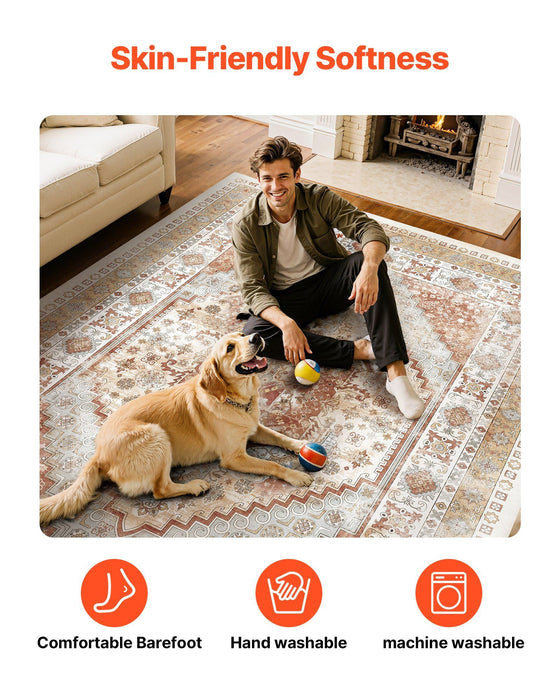Area Rug, 2743.2 x 3658 mm Large Washable Rug, Non-Slip and Tear-Resistant Soft Carpet, Pet & Child Friendly Vintage Area Rugs, Indoor Mat for Bedroom, Living Room, Kids Room, Office, Brown Red