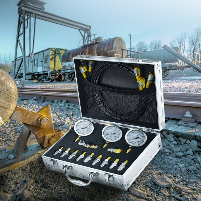 Hydraulic Pressure Test Kit, 250/400/600bar, 3 Gauges 11 Test Couplings 3 Test Hoses, Excavator Hydraulic Test Gauge Set with Portable Carrying Case for Excavator Tractors Construction Machinery