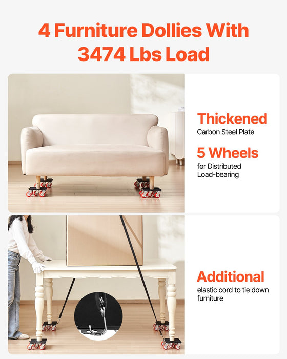 VEVOR Furniture Dolly Heavy Duty Furniture Mover with 5 Wheels 1575 kg Capacity