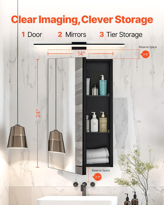 Medicine Cabinet, 14 x 24 inches, Medicine Cabinet for Bathroom with Mirror,  Aluminum Frame Bathroom Wall Cabinet, 2-layer Adjustable Shelves, Recessed & Wall-mounted Installation