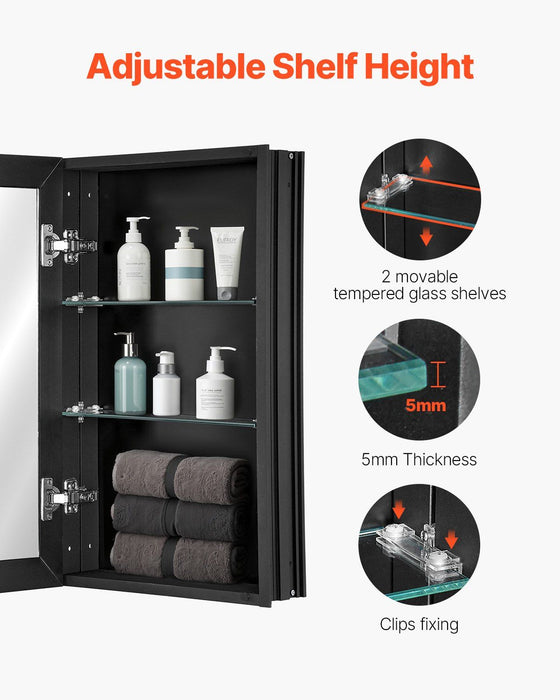Medicine Cabinet, 14 x 24 inches, Medicine Cabinet for Bathroom with Mirror,  Aluminum Frame Bathroom Wall Cabinet, 2-layer Adjustable Shelves, Recessed & Wall-mounted Installation
