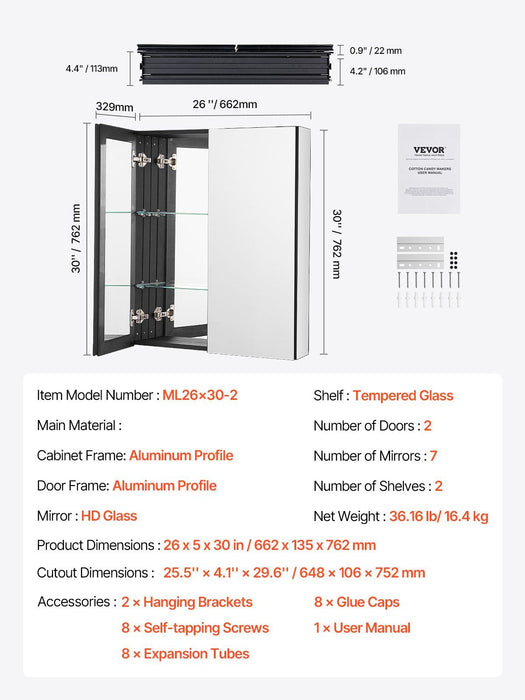 Medicine Cabinet, 26 x 30 inch, Medicine Cabinet for Bathroom with Mirror,  Aluminum Frame Bathroom Wall Cabinet, 2-layer Adjustable Shelves, Recessed & Wall-mounted Installation