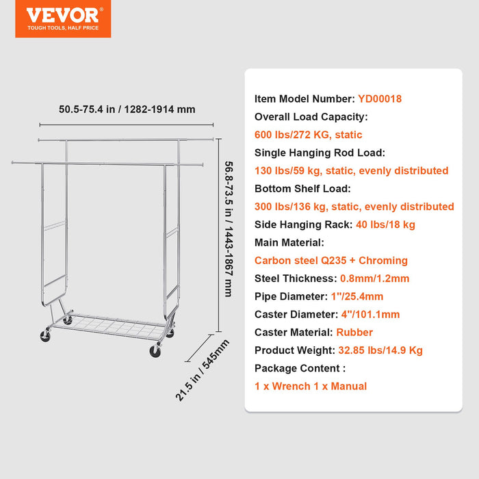 VEVOR Heavy Duty Clothes Rack, Double Hanging Rod Clothing Garment Rack for Hanging Clothes, Adjustable Height and Extendable Length Clothing Rack with Bottom Storage Area, 272 KG Load Capacity