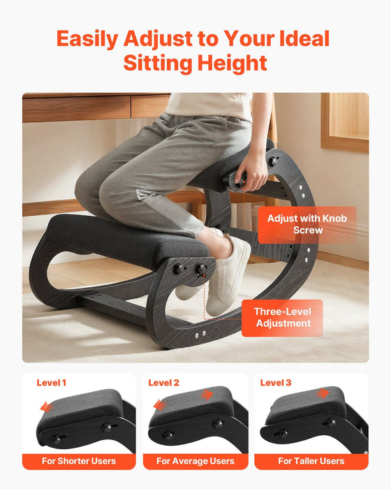 Ergonomic Kneeling Chair, Wooden Posture Knee Chair with Adjustable Thick Foam Cushions & Solid Wood Frame, Adjustable Height, Relief for Neck or Back Pain for Home, Office or Meditation, Black