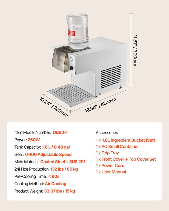 Snowflake Ice Machine, 60KG/24H Snowflake Ice Maker, Ice-Shaver Machine with Stainless Steel Blade, Electric Snow Cone Maker with 1.8L Tank, 90S Fast Pre-Cooling, for Home & Small Gatherings