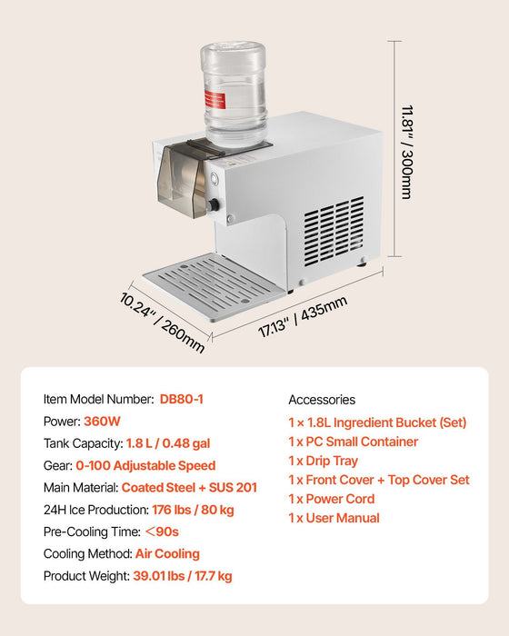 Snowflake Ice Machine, 80KG/24H Snowflake Ice Maker, Ice-Shaver Machine with Stainless Steel Blade, Electric Snow Cone Maker with 1.8L Tank, 90S Fast Pre-Cooling, for Home & Small Gatherings