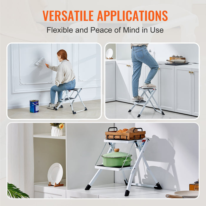 VEVOR Step Ladder 2-Step 150kg Capacity, Ergonomic Folding Steel Step Stool with Wide Anti-Slip Pedal, Sturdy Step Stool for Adults Toddlers, Multi-Use for Household, Kitchen, Office, RVs
