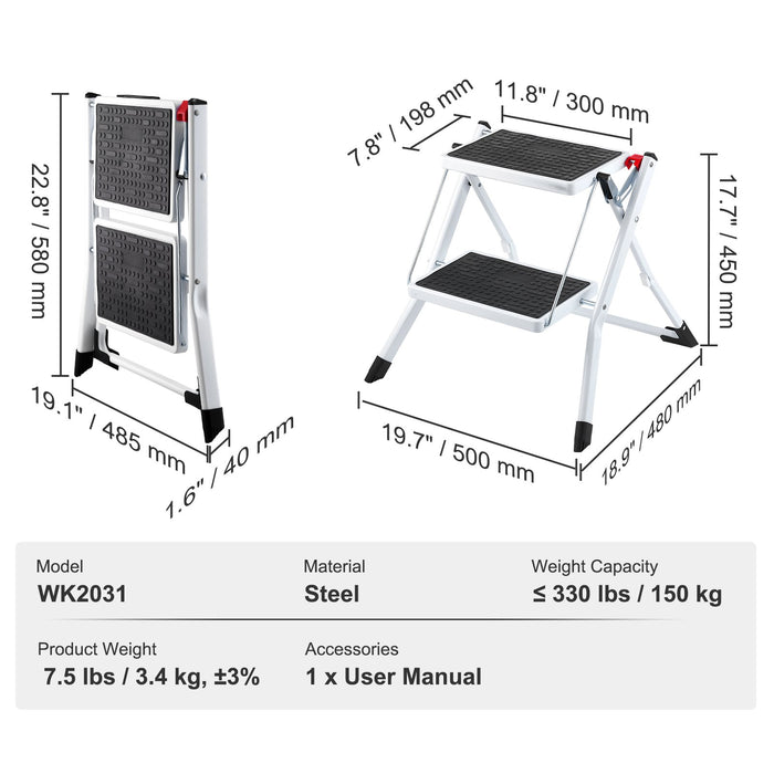 VEVOR Step Ladder 2-Step 150kg Capacity, Ergonomic Folding Steel Step Stool with Wide Anti-Slip Pedal, Sturdy Step Stool for Adults Toddlers, Multi-Use for Household, Kitchen, Office, RVs