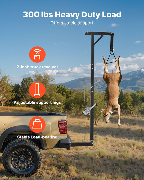 Truck Hitch Game Hoist, 300 lbs Load Capacity, Hunting Deer Hoist with 2-inch Receiver, 360-Degree Swivel Shaft & Adjustable Height, Includes Gambrel Winch for Skinning & Cleaning Game